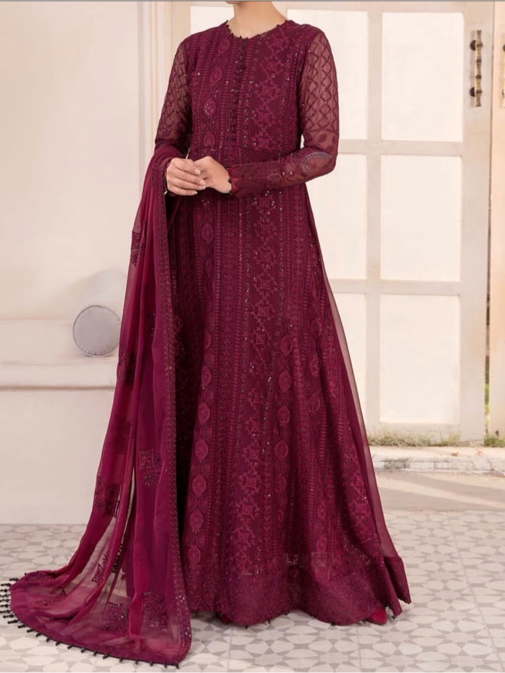 Elegant Women's Embroidered Maroon Long Dress with Dupatta